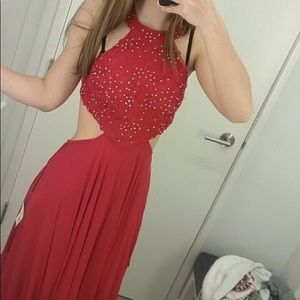 Halter Cut Out Red Prom Dress from David's Bridal